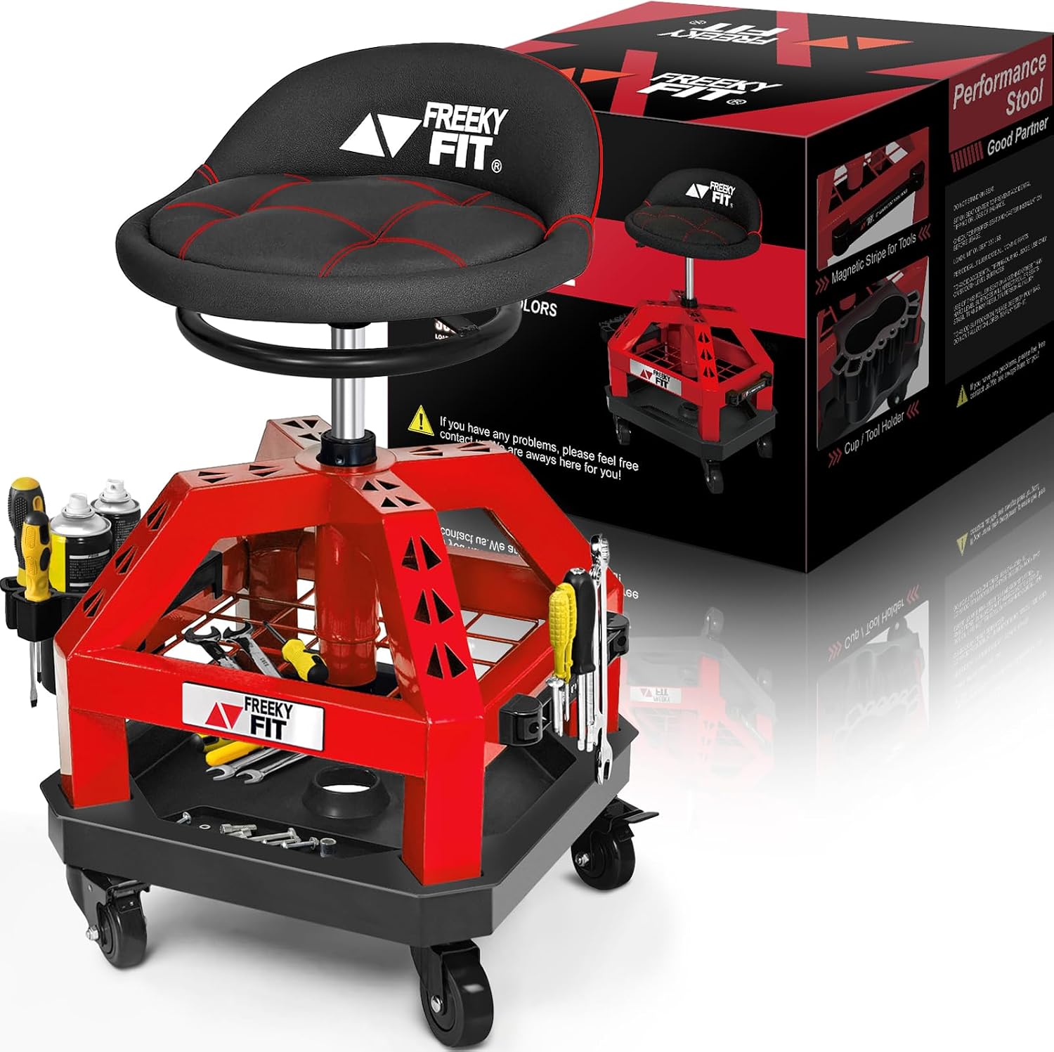 FreekyFit Rolling Shop Stool with Padded Seat